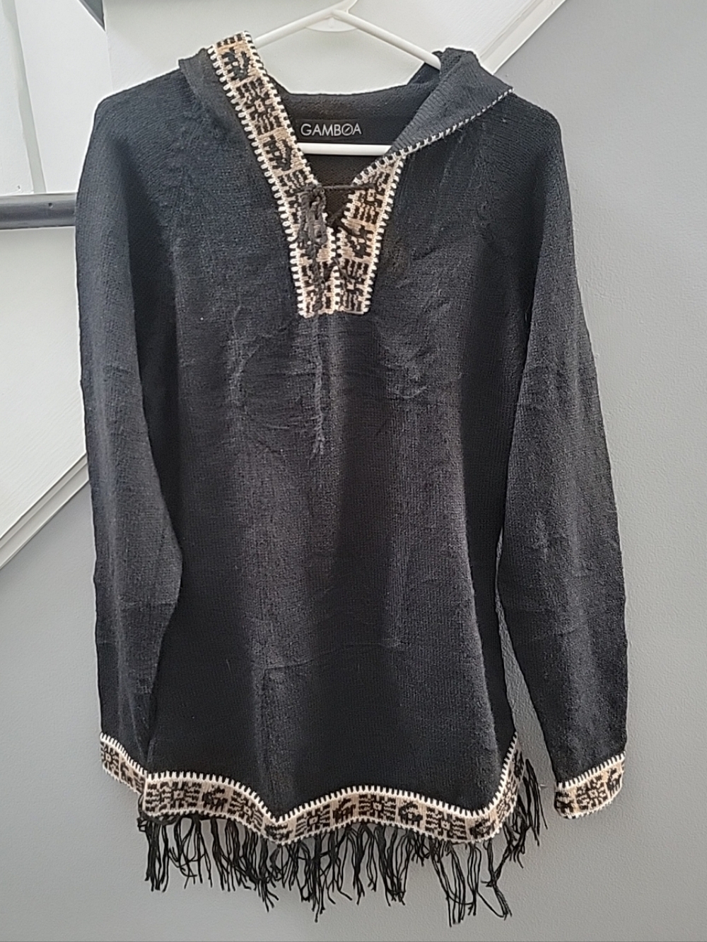 Gamboa Black Knit Hooded Poncho with Fringe Med
